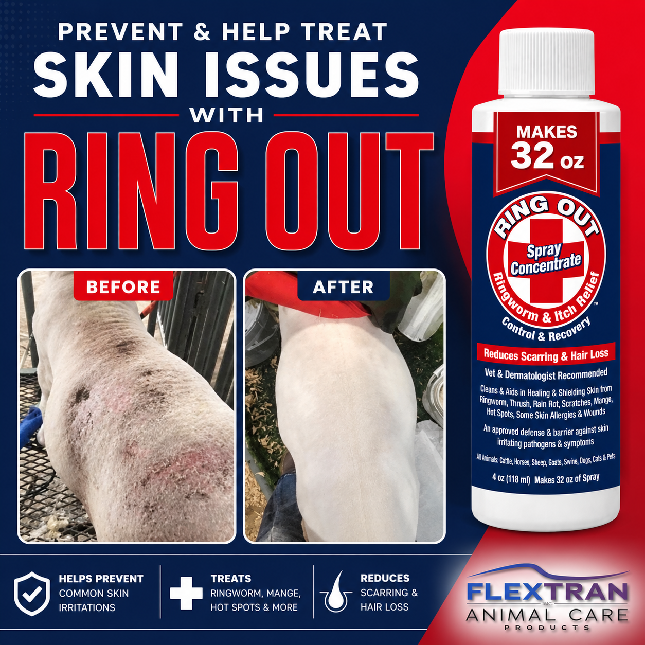 Ringworm Prevention Pack - Prevent and Help Treat Ringworm for Goats, Cattle, Horses, All Pets and Livestock. Ring Out, Ring Out Shampoo and Empty 32 oz Spray Bottle