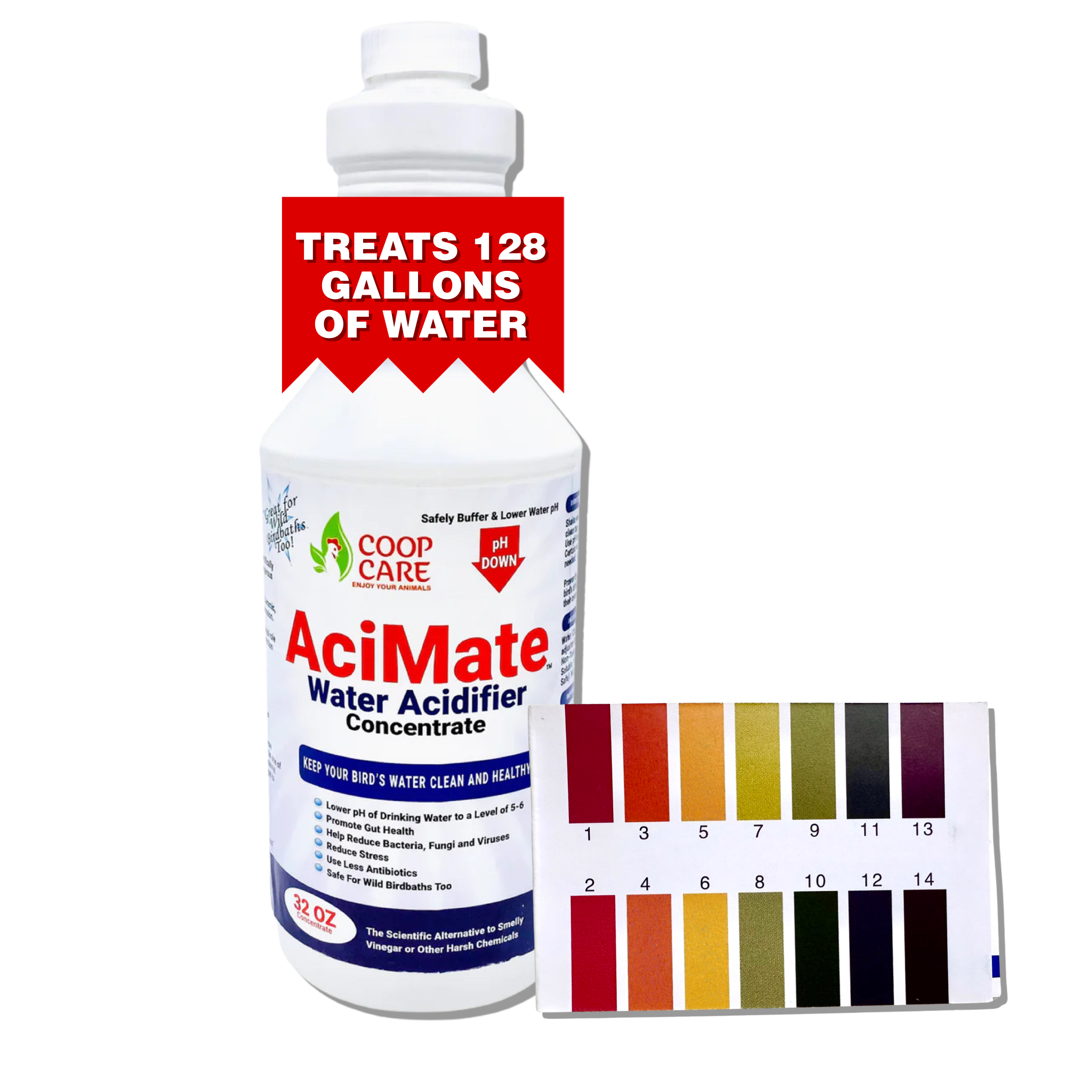 AciMate Water Acidifier Concentrate (32oz) – Water Quality is Essential to Poultry Health. Optimize Water pH, Eliminate BioFilm & Algae Growth in Your Waterers. 10x Stronger than Apple Cider Vinegar! Pleasant Taste. Free pH test strips included!