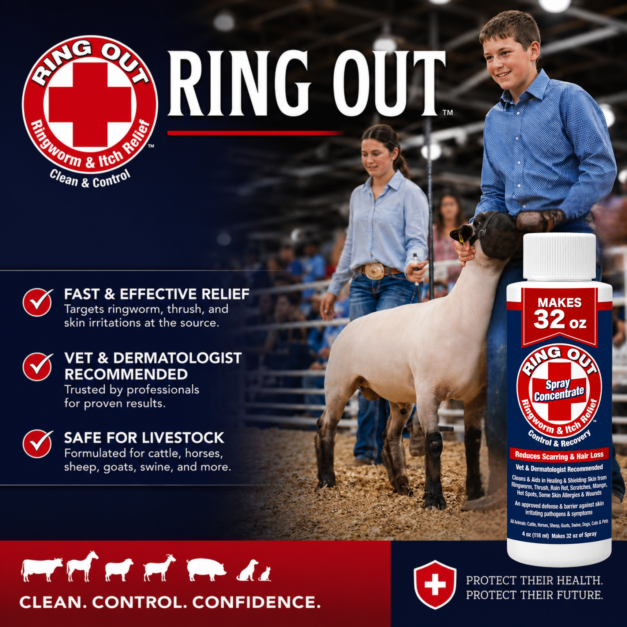 Ringworm Prevention Pack - Prevent and Help Treat Ringworm for Goats, Cattle, Horses, All Pets and Livestock. Ring Out, Ring Out Shampoo and Empty 32 oz Spray Bottle