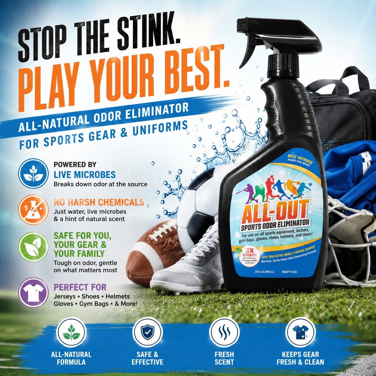 All-Out Cleaner & Odor Eliminator Combo - Remove Tough Stains and Odor from Jerseys, Gloves, Shoes, Pants, Baseball Pants, etc. 24 oz (2 pack)