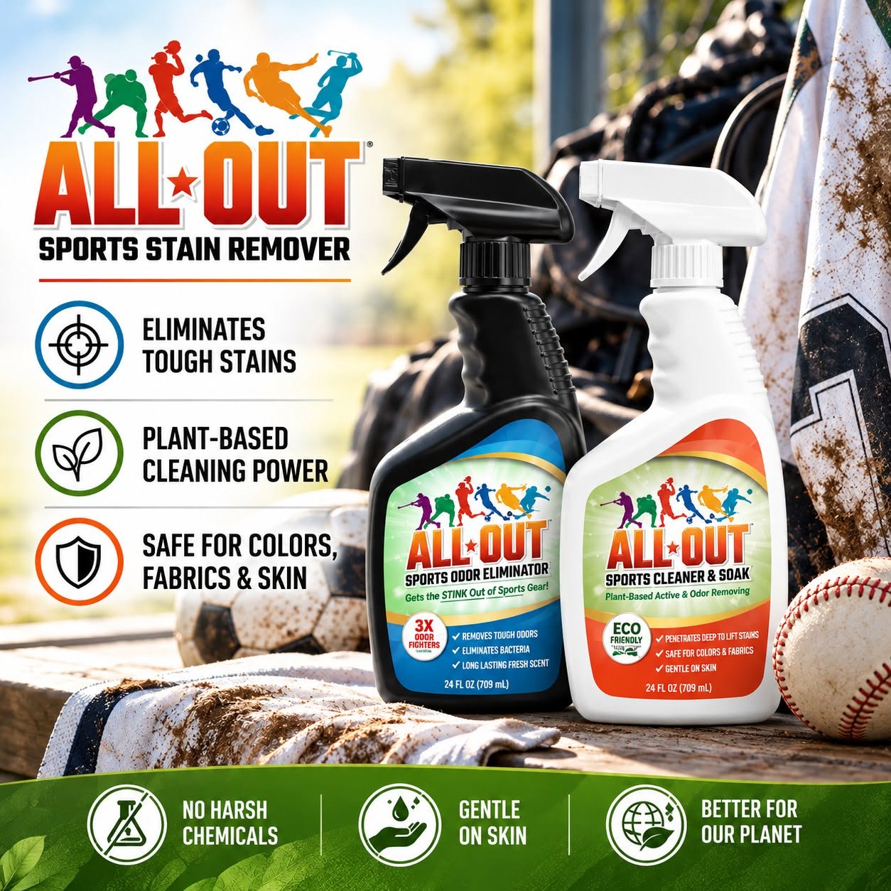 All-Out Cleaner & Odor Eliminator Combo - Remove Tough Stains and Odor from Jerseys, Gloves, Shoes, Pants, Baseball Pants, etc. 24 oz (2 pack)