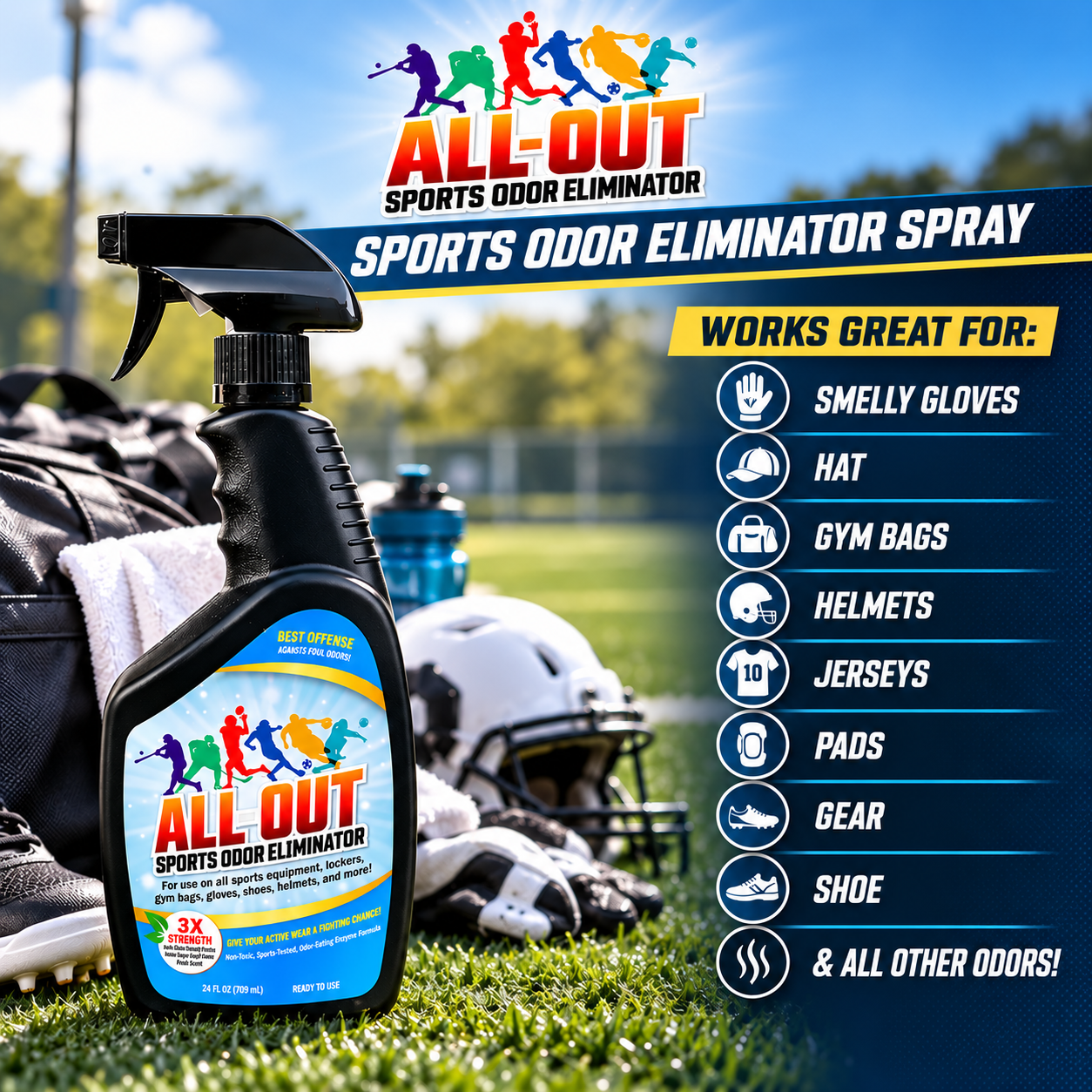 All-Out Cleaner & Odor Eliminator Combo - Remove Tough Stains and Odor from Jerseys, Gloves, Shoes, Pants, Baseball Pants, etc. 24 oz (2 pack)