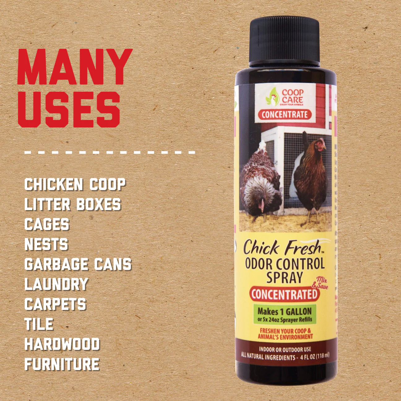 Chick Fresh - Eliminate Chicken Coop & Brooder Odor Concentrate (4 oz makes 1 Gallon of Spray!) *Includes FREE Gallon & 24 oz Application Spray Bottles
