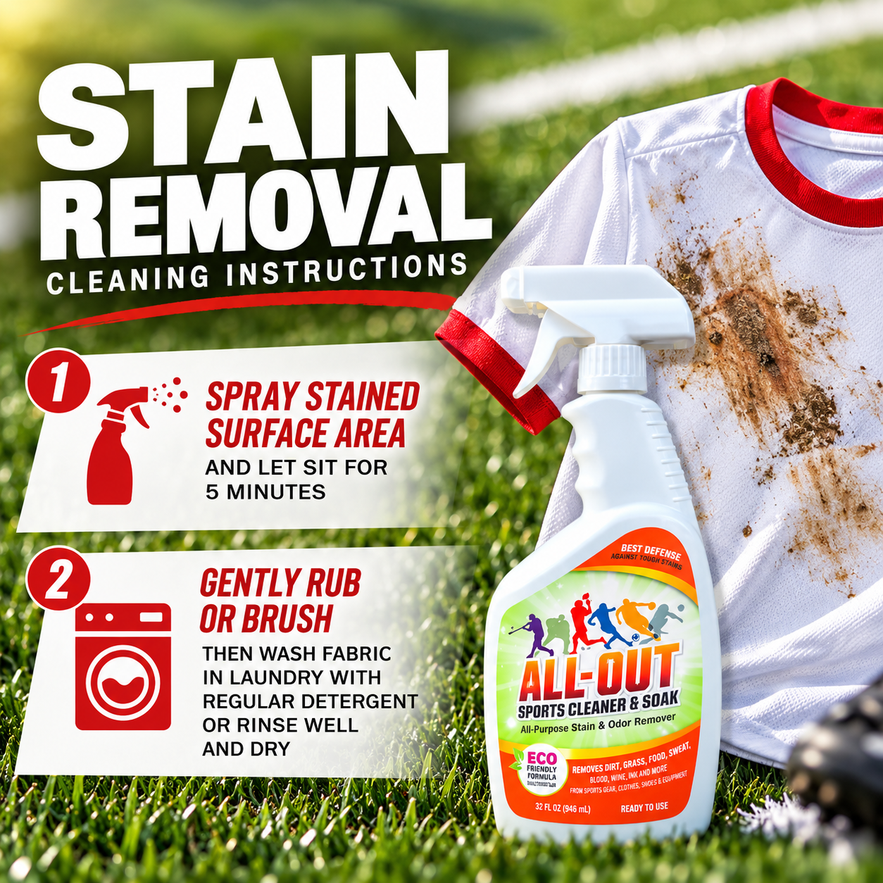 All-Out Cleaner & Odor Eliminator Combo - Remove Tough Stains and Odor from Jerseys, Gloves, Shoes, Pants, Baseball Pants, etc. 24 oz (2 pack)