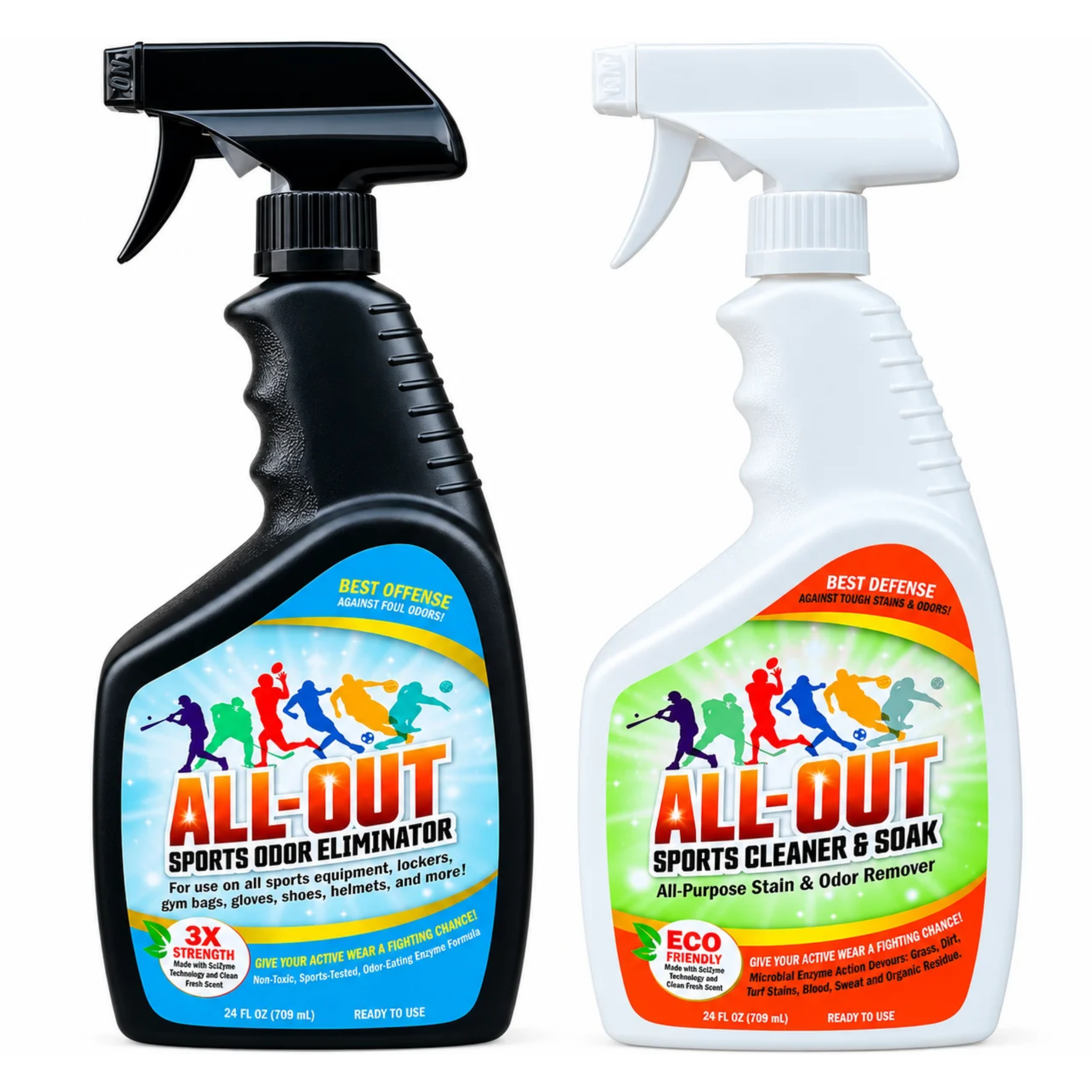 All-Out Cleaner & Odor Eliminator Combo - Remove Tough Stains and Odor from Jerseys, Gloves, Shoes, Pants, Baseball Pants, etc. 24 oz (2 pack)