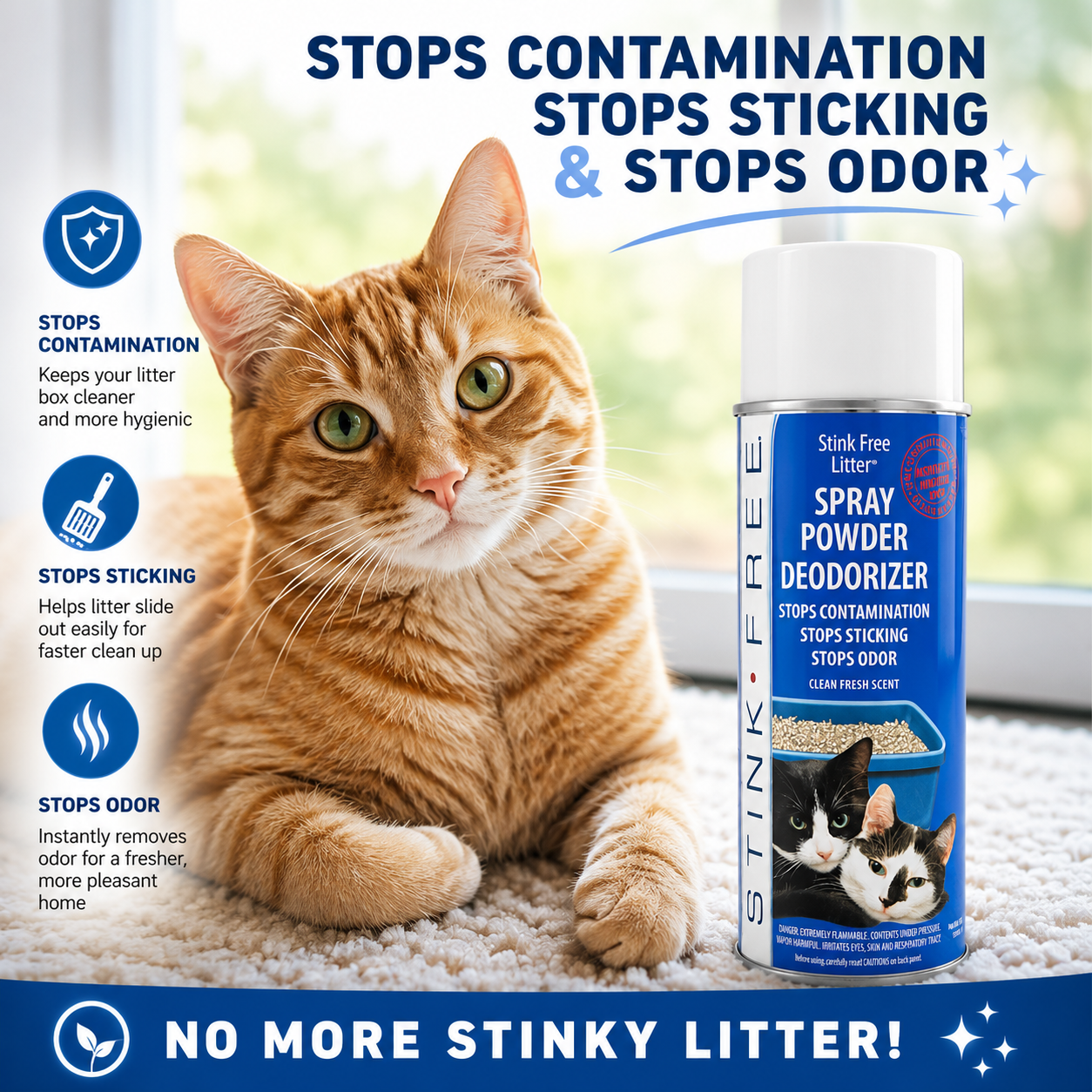 Cat Litter Box Deodorizer Powder Spray & Odor Eliminator - Non-Stick & Non-Stink