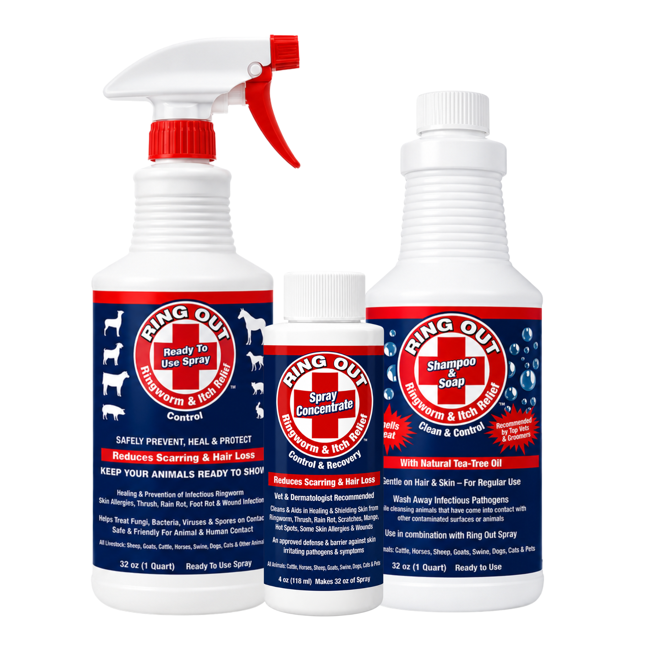 Ringworm Prevention Pack - Prevent and Help Treat Ringworm for Goats, Cattle, Horses, All Pets and Livestock. Ring Out, Ring Out Shampoo and Empty 32 oz Spray Bottle