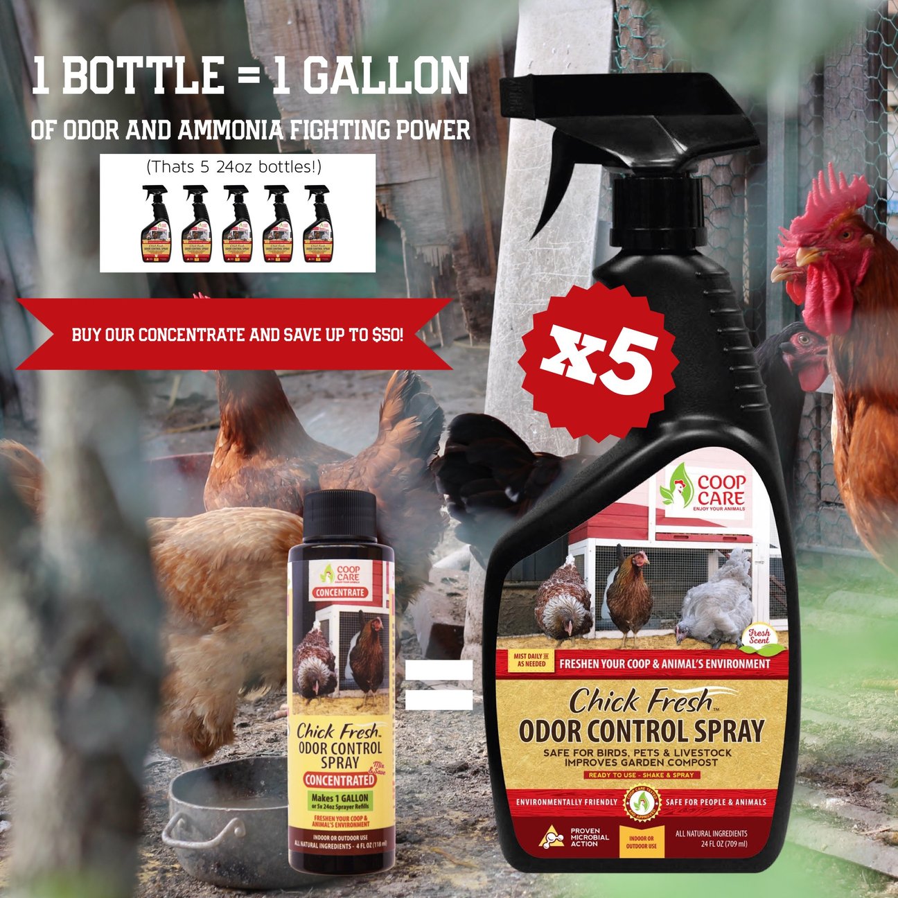 Chick Fresh Concentrate - Eliminate Odors in Brooder, Coop, Litter Box, etc. FREE 24 oz. Sprayer - FlexTran Animal Care